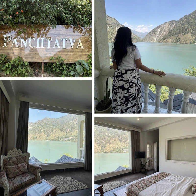 Collage of Panchtatva Hotel's Vayu Mandla room featuring floor-to-ceiling lake views, cozy interiors, and panoramic views of Chamera Lake in Himachal Pradesh.