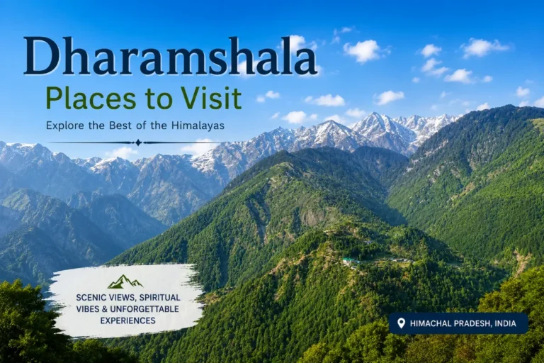 Snow-capped Dhauladhar mountains overlooking Dharamshala with lush green valleys in Himachal Pradesh