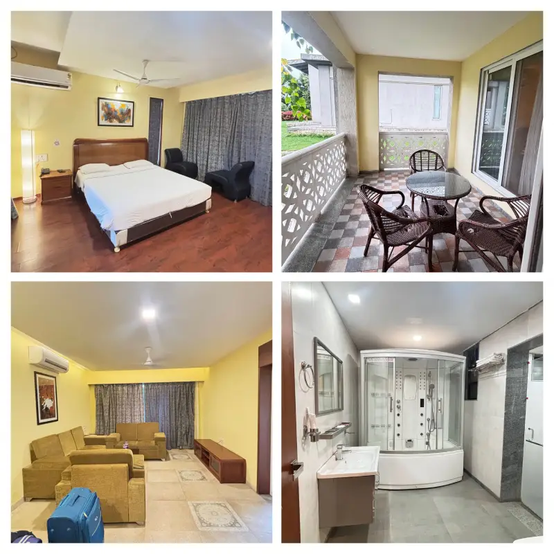 Villa interior and garden view at MTDC Grape Park, Nashik